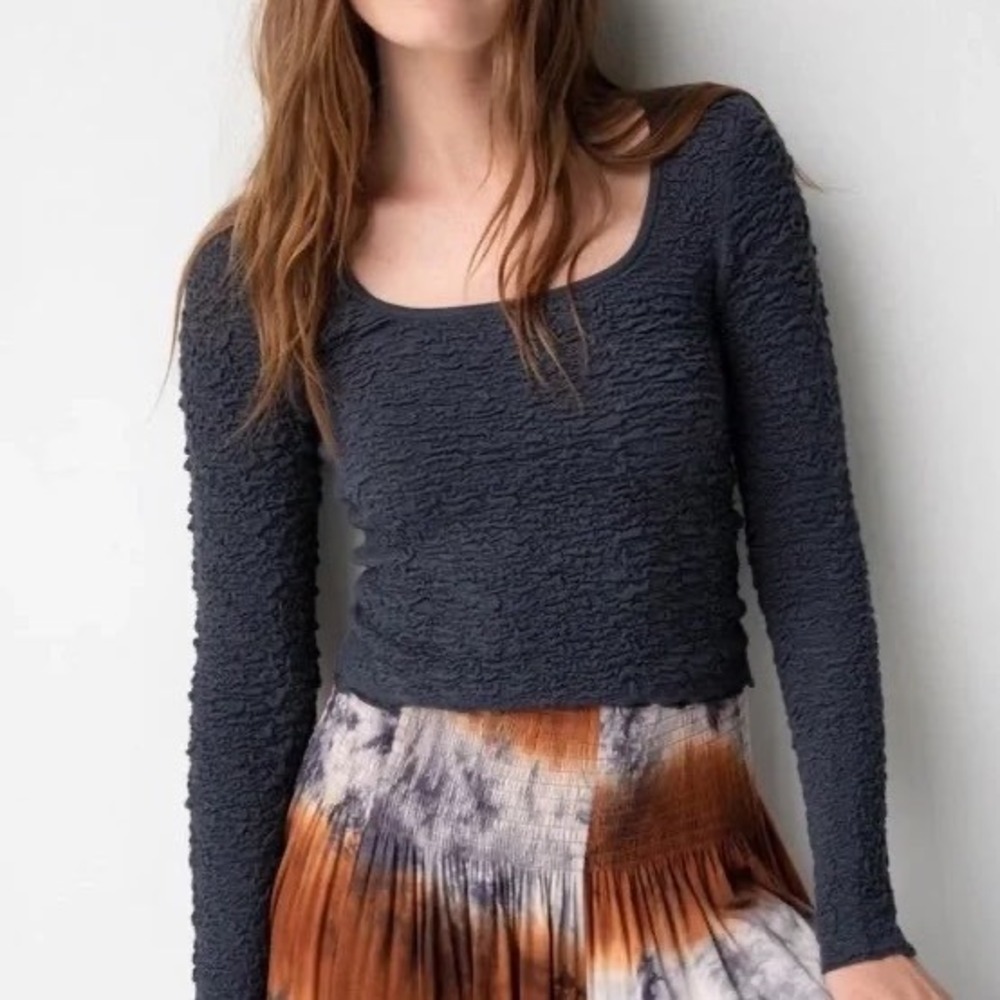 Natural Life Danielle Textured Square Neck Top Large Crinkle Long Sleeve Boho